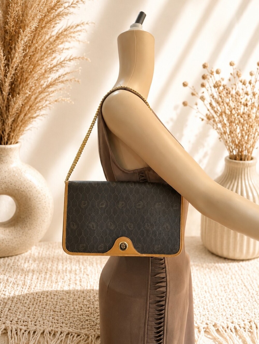Vintage Christian Dior Honeycomb PVC Leather Black Beige Chain Shoulder Bag